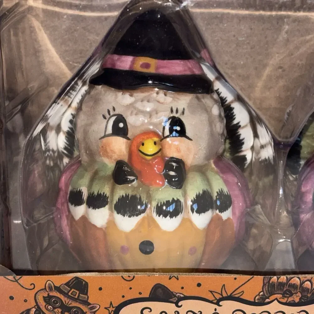 Johanna Parker Thanksgiving Turkeys Pilgrim Purple Salt & Pepper Shaker Set NEW